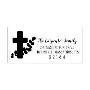 Tampon Auto-encreur Croix religieuse avec eucalyptus   Adresse de reto