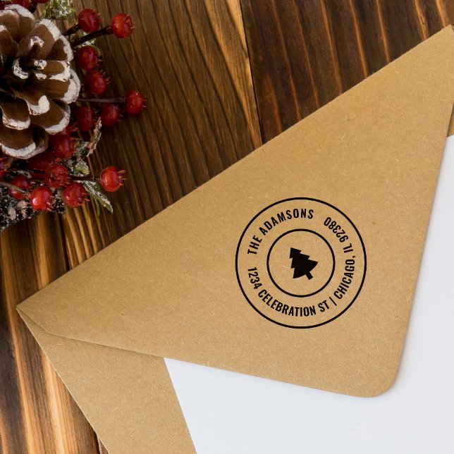 Tampon Auto-encreur Custom Festif Arbre de Noël Round Adresse familial (Créateur téléchargé)