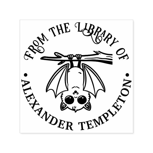 Tampon Auto-encreur Cute Bat Hanging From Branch Library Book Name (Design)