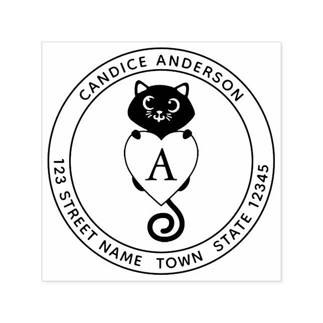 Tampon Auto-encreur Cute Chat Noir Avec Monogramme Coeur (Design)