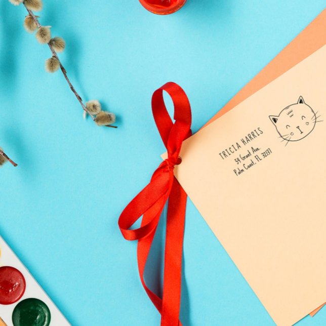 Tampon Auto-encreur Cute Funny Chat Doodle Kids Nom et adresse personn (Créateur téléchargé)