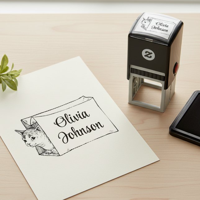Tampon Auto-encreur Cute Kitten in a Bag Signature Name Stamp (Lovely signature name stamp with cute kitten peeking out of a paper bag.)