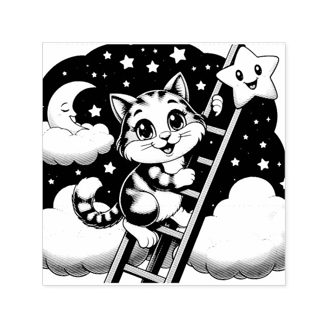 Tampon Auto-encreur Cute Kitty grimpe à l'échelle de la lune (Design)