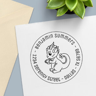 Tampon Auto-encreur Cute Little Dragon avec une adresse ronde Teacup