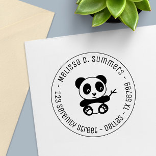 Tampon Auto-encreur Cute Little Panda Tenant Bamboo Adresse ronde