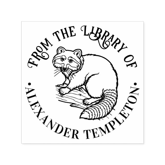 Tampon Auto-encreur Cute Raccoon sur Branche Round Library Nom du livr (Design)