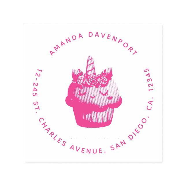 Tampon Auto-encreur Cute rose Cupcake Unicorn avec Rose (Design)