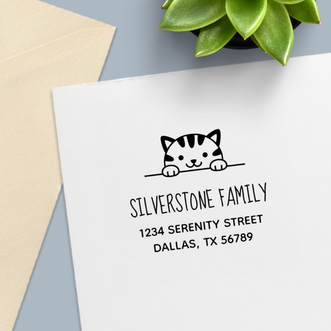 Tampon Auto-encreur Cute Tabby Cat Pékin au-dessus de l'adresse de fam (Créateur téléchargé)