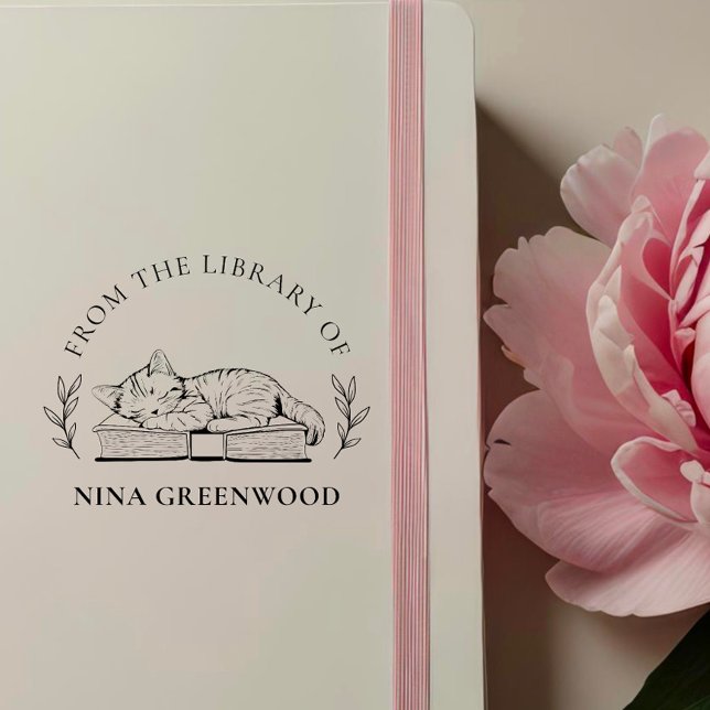 Tampon Auto-encreur De la bibliothèque de | Chat sur livre et Feuilles (Créateur téléchargé)