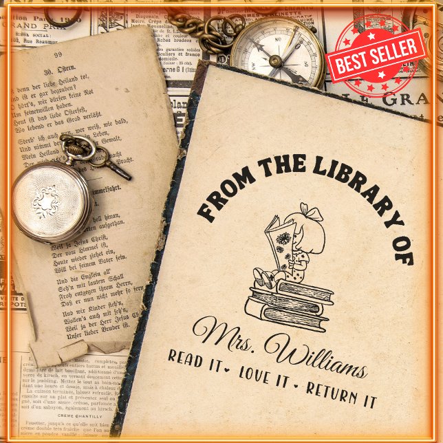 Tampon Auto-encreur De La Bibliothèque De | Cute Girl Reads Livre de l (Créateur téléchargé)
