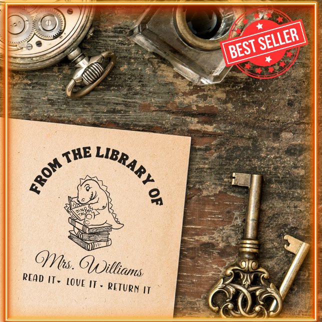 Tampon Auto-encreur De La Bibliothèque De | Dinosaur sur les livres en (Créateur téléchargé)