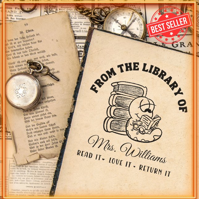 Tampon Auto-encreur De La Bibliothèque De | Funny Book Worm Enseignant (Créateur téléchargé)