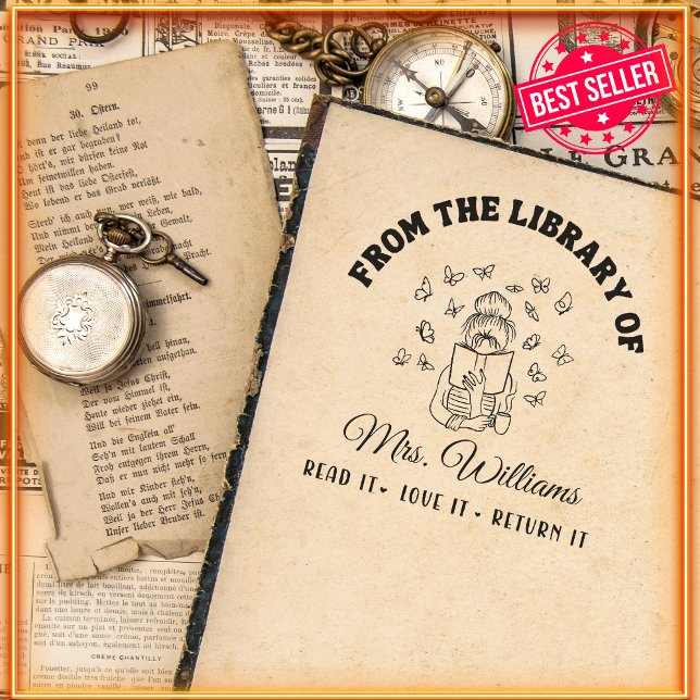 Tampon Auto-encreur De La Bibliothèque De | Livre de fille aux papillo (Créateur téléchargé)