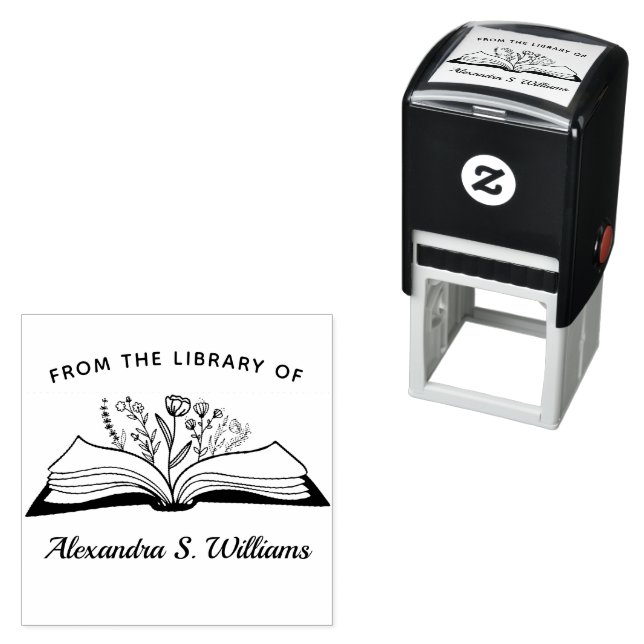 Tampon Auto-encreur De la bibliothèque de Votre Nom Livre Ouvert Fleur (En situation)