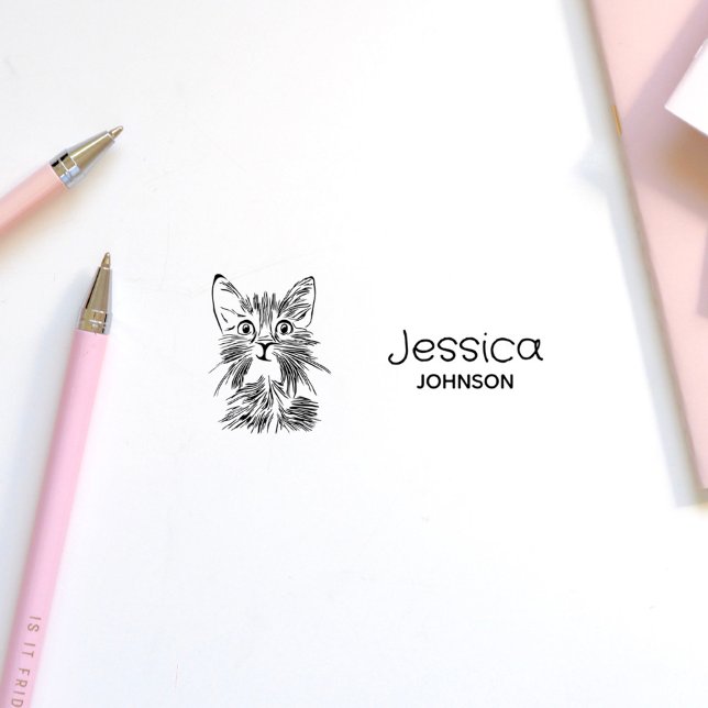 Tampon Auto-encreur Dessin de chat mignon Nom personnalisé Enfants Sig (Cute Cat Drawing Custom Name Kids Signature Self-inking Stamp)