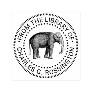 Tampon Auto-encreur Dessin d'éléphant vintage nom de livre de biblioth