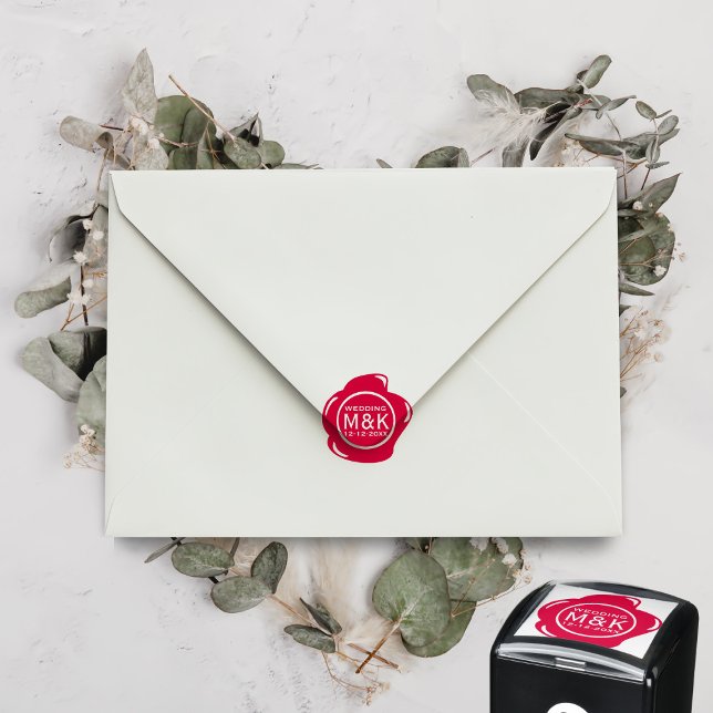 Tampon Auto-encreur do-it-yourself Mariage Funny Faux Red Wax Seal Mon (A red wax seal style Save the Date self inking stamp with space for your initials and wedding date)