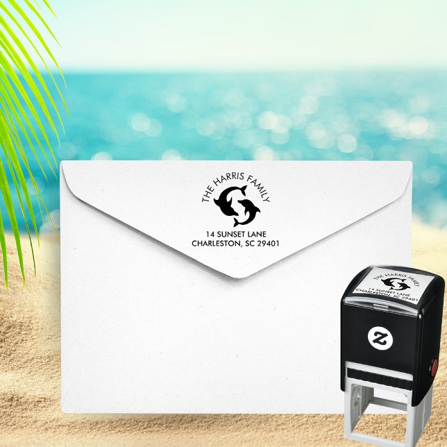 Tampon Auto-encreur Dolphins Silhouette Nom de famille Adresse de reto (Dolphins silhouette family address stamp)