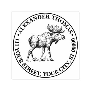 Tampon Auto-encreur Élan Wapiti Dessin Vintage Nom Adresse de Retour