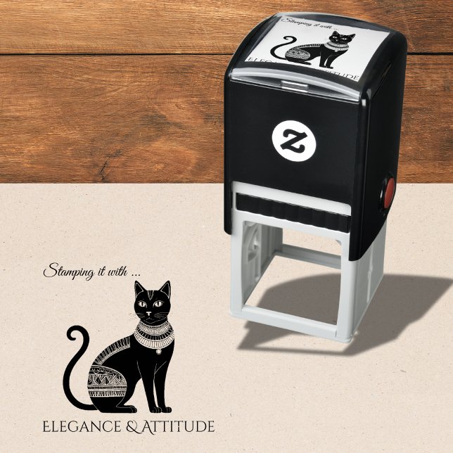 Tampon Auto-encreur Élégance et attitude des chats égyptiens (A rubber stamp with Egyptian black cat design and caption 'Stamping it with elegance & attitude")