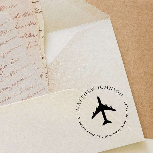 Tampon Auto-encreur Elegant Airplane Round Nom personnalisé Adresse de (Créateur téléchargé)