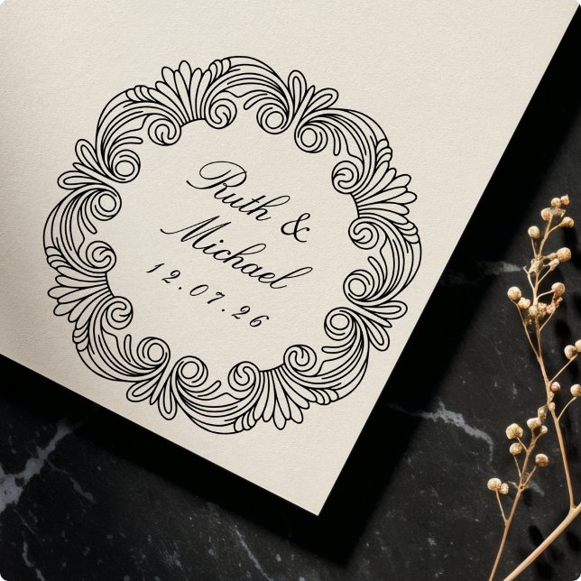 Tampon Auto-encreur Elégant Baroque Scroll Mariage Date & Noms (Créateur téléchargé)