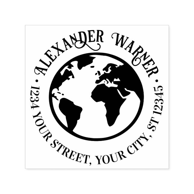 Tampon Auto-encreur Elegant Earth World Globe Map Nom Adresse de retou (Design)