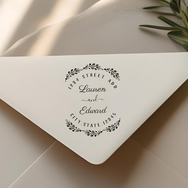 Tampon Auto-encreur Elegant Laurel Couple Names Mariage Adresse de ret (Créateur téléchargé)