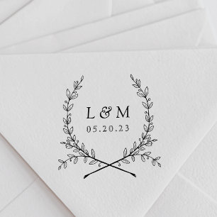 Tampon Auto-encreur Elegant Laurel Monogram Mariage Enregistrer la dat