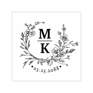Tampon Auto-encreur Élégant Mariage de couronne Fleur sauvage monogram