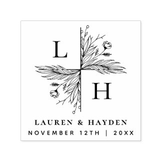 Tampon Auto-encreur Élégant Monogramme Floral | Enregistrer Le Mariage