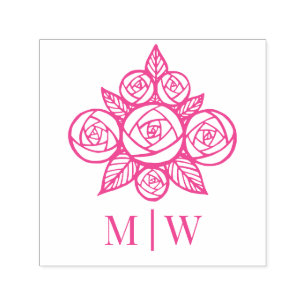 Tampon Auto-encreur Élégant Rose bouquet floral Couple Initiales