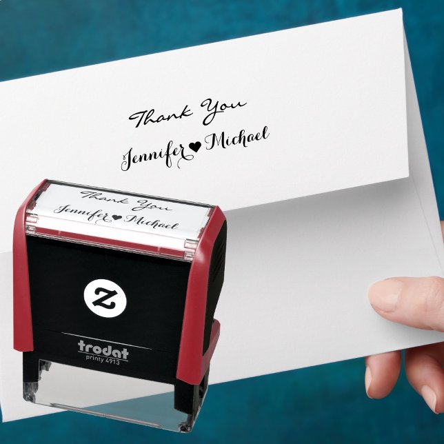 Tampon Auto-encreur Élégant Script Couple Nom Mariage de coeur Merci (Elegant Script Couple Name Heart Wedding Thank You Self-inking Stamp)