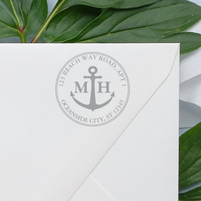 Tampon Auto-encreur Élégante Ancre Monogramme nautique Adresse de reto (Elegant Anchor Nautical Monogram Return Address Self-inking gray Stamp for nautical weddings)