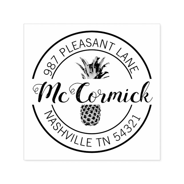 Tampon Auto-encreur Élégante calligraphie ananas Retour Adresse Round (Design)