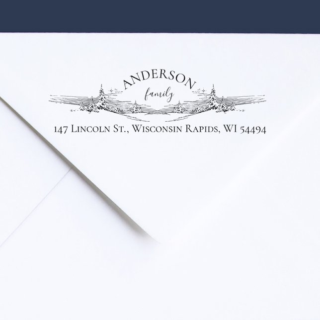 Tampon Auto-encreur Elegante Rústico De Pinos De Nieve Dirección De Re (Winter Snowy Landscape with Pine Trees Elegant Family Return Address Stamp)