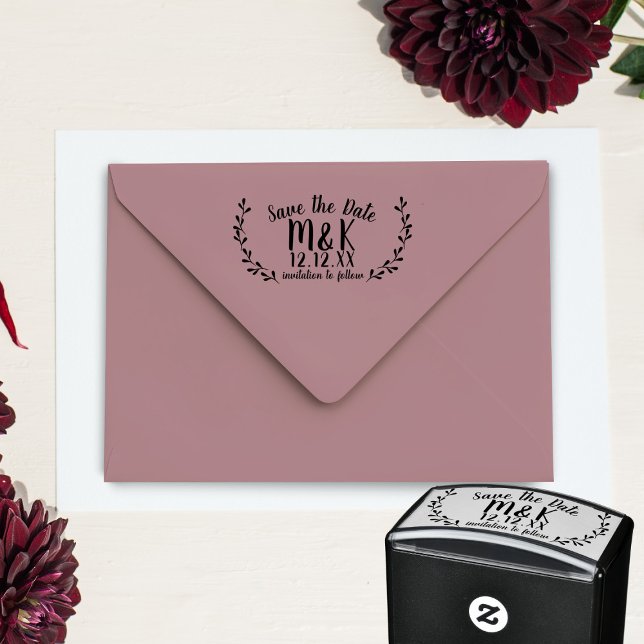 Tampon Auto-encreur Enregistrer la date Mariage Laurel Wreath (Add your initials and wedding date to this casual Save the Date self inking stamp & get stamp happy)