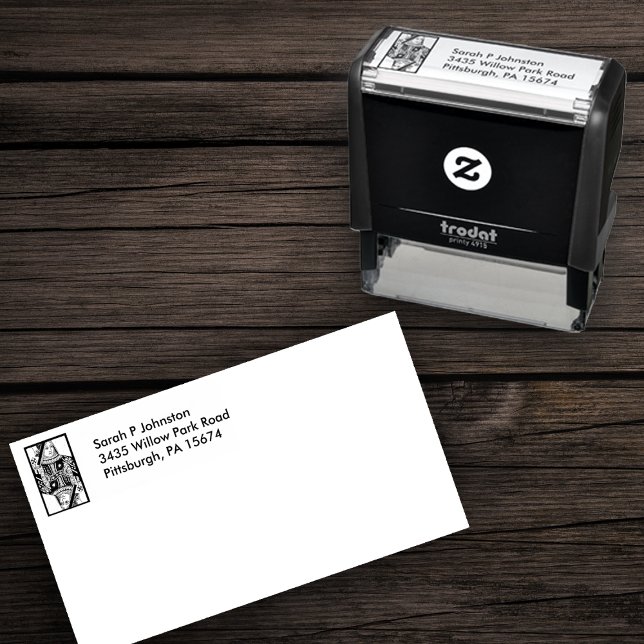 Tampon Auto-encreur Fancy Heart Queen Jouer Carte à la frontière (Self inking return address stamp with Heart Queen playing card.)