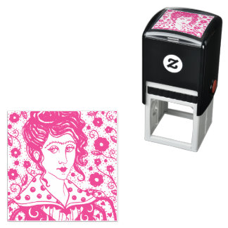 TAMPON AUTO-ENCREUR  FEMME, PORTRAIT GOTHIQUE, ART FOLK, FLEURS & VIGNE