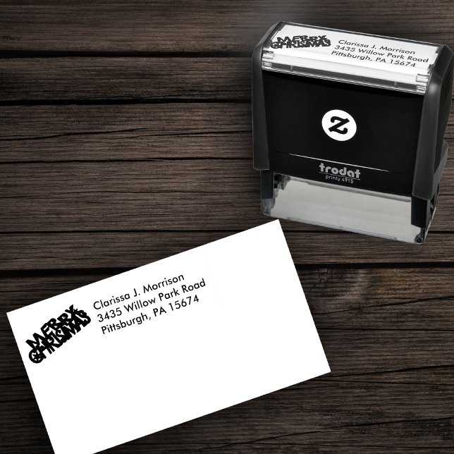 Tampon Auto-encreur Festive Fancy Letters Merry Christmas Stars (Merry chrismtas festive fancy letters on self inking return address stamp.)