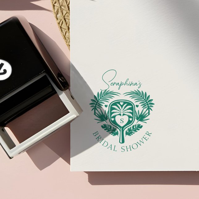 Tampon Auto-encreur Fête des mariées de Pickleball Retro Tropical Palm (Retro Tropical Palm Tree Pickleball Bridal Shower Self-inking Stamp)