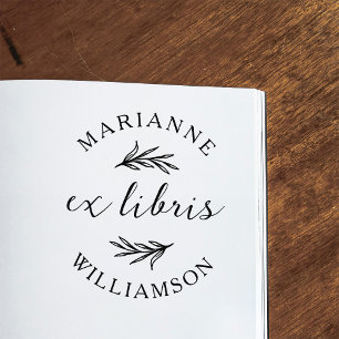 Tampon Auto-encreur Feuilles botaniques Nom rond Ex Libris Plaque