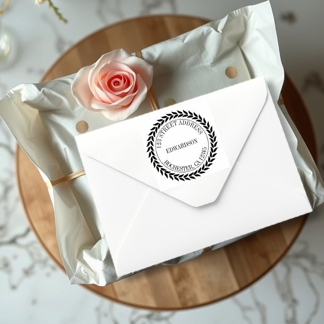 Tampon Auto-encreur Feuilles rustiques modernes nom de famille arrondi (Modern rustic leaves round family name self-inking stamp. You can add your own name and address.)