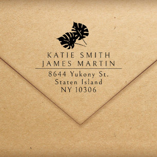 Tampon Auto-encreur Feuilles tropicaux Deux noms de famille Couple Adr