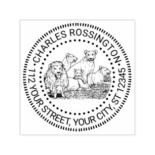 Tampon Auto-encreur Fierté vintage de lions Dessin Nom Adresse de reto