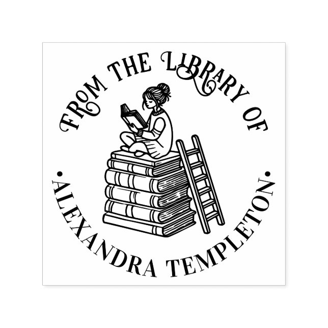Tampon Auto-encreur Fille assise sur des livres en train de lire #3 No (Design)