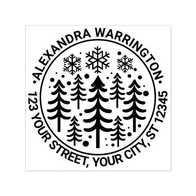 Tampon Auto-encreur Fir Trees et Snowflakes Nom Adresse de retour #2 (Design)