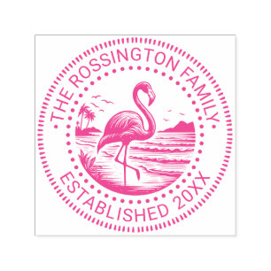 Tampon Auto-encreur Flamant rose dans l'eau Nom de famille Date de fon