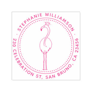 Tampon Auto-encreur Flamant rose Princess Nom rond personnalisé Adress