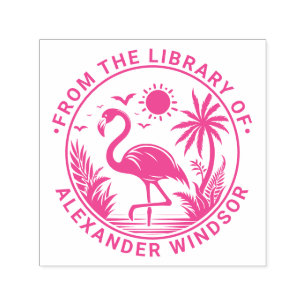 Tampon Auto-encreur Flamingo debout Palmiers Soleil Nom du livre de la